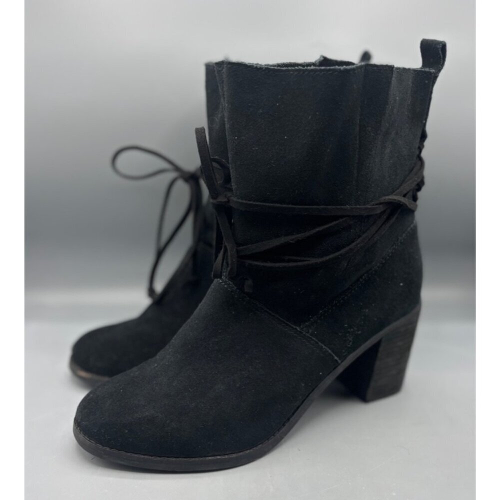 Toms Mila Black Suede Ankle Boots Chunky Heel Size‎ 8.5 Wrap Around